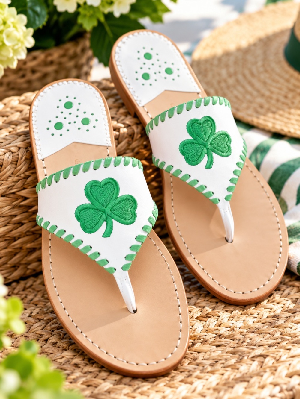 Jack Rogers Shamrock Sandals Size 9 NWOT White Green Embroidered Leather